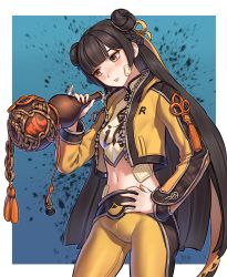 Rule 34 | 1girl, absurdres, bandage on face, bandages, black survival, blue background, blunt bangs, blush, bottle, breasts, brown hair, bymjim, chinese knot, crop top, cropped jacket, double bun, gourd, hair bun, hair ribbon, hand on own hip, highres, holding, holding bottle, li dailin, long hair, long jacket, long sleeves, looking to the side, midriff, nail polish, navel, open mouth, orange nails, pants, ribbon, simple background, solo, tassel, white background, yellow eyes