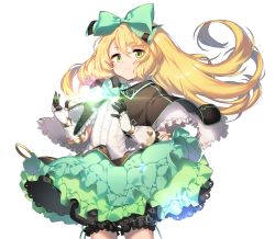 Rule 34 | 1girl, anpolly, atelier (series), atelier shallie, black bloomers, blonde hair, bloomers, bow, closed mouth, cowboy shot, curly hair, female focus, frills, frown, gloves, green bow, green eyes, green skirt, hair bow, long hair, miruca crotze, shawl, simple background, skirt, solo, underwear, white background