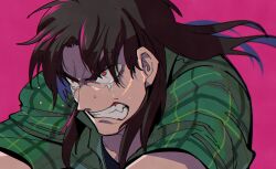 Rule 34 | 1boy, black hair, clenched teeth, commentary request, crying, crying with eyes open, facial scar, green shirt, highres, inudori, itou kaiji, kaiji, long hair, male focus, medium bangs, parted bangs, pink background, plaid, plaid shirt, portrait, red eyes, scar, scar on cheek, scar on ear, scar on face, shirt, short sleeves, simple background, solo, tears, teeth