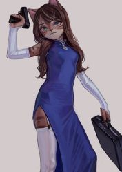 Rule 34 | 1girl, animal ears, artist name, blue dress, blue eyes, briefcase, cat ears, china dress, chinese clothes, dark skin, detached sleeves, dress, female focus, fkey, furry, furry female, garter straps, grey background, gun, handgun, highres, holding, holding gun, holding weapon, looking at viewer, original, simple background, solo, thigh strap, thighhighs, weapon, whiskers, white thighhighs