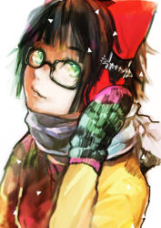 1girl absurdres brown_hair female_focus glasses green_eyes hand_on_headphones headphones highres mittens moriko06 original scarf solo