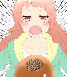 Rule 34 | 1girl, bread, breasts, food, long hair, open mouth, princess connect!, red eyes, red hair, rin (princess connect!), roaru (gyuren), small breasts