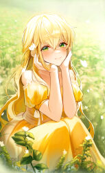 Rule 34 | 1girl, absurdres, blonde hair, blush, closed mouth, collarbone, commentary request, curly hair, dress, elbows on knees, falling petals, flower, full body, grass, green eyes, hair flower, hair ornament, head rest, highres, light particles, long dress, long hair, looking at viewer, mole, mole under eye, off-shoulder dress, off shoulder, on grass, on ground, original, petals, puffy sleeves, short sleeves, sitting, smile, sunlight, yellow dress, youwon0417