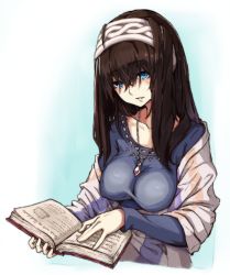 Rule 34 | 10s, 1girl, black hair, blue eyes, book, breasts, collarbone, commentary request, cowboy shot, hair between eyes, hairband, holding, holding book, idolmaster, idolmaster cinderella girls, jewelry, long hair, long sleeves, medium breasts, naga1047, necklace, off-shoulder, off-shoulder sweater, open book, pendant, reading, ribbed sweater, sagisawa fumika, shawl, solo, sweater, upper body
