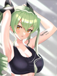 Rule 34 | 1girl, anchovy (girls und panzer), armpits, arms behind head, black sports bra, blush, breasts, cleavage, collarbone, dated, drill hair, girls und panzer, green hair, hair ornament, hair ribbon, happy birthday, highres, large breasts, long hair, looking at viewer, mamaa (maeni6379), open mouth, orange eyes, ribbon, solo, sports bra, twintails, underwear, upper body