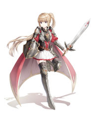 Rule 34 | 1girl, absurdres, black thighhighs, blonde hair, commentary request, highres, holding, holding shield, holding sword, holding weapon, knight, long hair, looking at viewer, nay, original, ponytail, shield, simple background, skirt, solo, sword, thighhighs, weapon, white background, white skirt