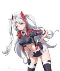Rule 34 | 1girl, :o, absurdres, artist name, azur lane, black gloves, black jacket, black skirt, black tank top, black thighhighs, blush, breasts, bx (zhileng yasuoji), crop top, dated, feet out of frame, gloves, hair ornament, hand on own hip, hand on thigh, highres, jacket, leaning forward, long hair, looking at viewer, medium breasts, multicolored hair, navel, official alternate costume, open clothes, open jacket, open mouth, parted lips, prinz eugen (azur lane), prinz eugen (final lap) (azur lane), race queen, revision, silver hair, skirt, solo, standing, tank top, thighhighs, twintails, white background, yellow eyes