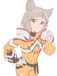 Rule 34 | 1girl, animal ear fluff, animal ears, artist name, belt, cat ears, cowboy shot, facial mark, fikkyun, flat chest, gloves, grey hair, hand on own hip, hand up, highres, jumpsuit, looking at viewer, nia (xenoblade), short hair, simple background, solo, whisker markings, white background, xenoblade chronicles (series), yellow eyes