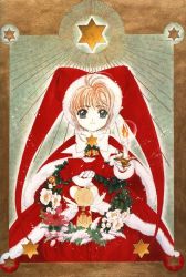 Rule 34 | 1990s (style), 1girl, candlestand, cardcaptor sakura, christmas, kero (cardcaptor sakura), kinomoto sakura, looking at viewer, retro artstyle, santa costume, short hair, smile, solo, star (symbol), tagme, wreath