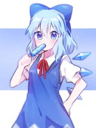 Rule 34 | 1girl, blue background, blue bow, blue dress, blue eyes, blue hair, blush, bow, cirno, collared shirt, cowboy shot, detached wings, dress, food, hair between eyes, hair bow, hand on own hip, ice, ice wings, looking at viewer, neck ribbon, one-hour drawing challenge, pink headwear, popsicle, puffy short sleeves, puffy sleeves, red ribbon, ribbon, shirt, short sleeves, simple background, solo, soooooook2, touhou, white background, white shirt, wings