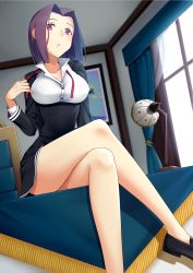 Rule 34 | 10s, 1girl, bad id, bad pixiv id, bare legs, blush, breasts, crossed legs, dress, dutch angle, halo, highres, kantai collection, lamp, large breasts, legs, looking at viewer, md5 mismatch, mechanical halo, on table, personification, purple eyes, purple hair, school uniform, short dress, sitting, solo, table, tatsuta (kancolle), tsuchifumazu