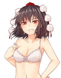 Rule 34 | 1girl, bare arms, bare shoulders, black hair, blush, bra, breasts, cleavage, clenched teeth, collarbone, commentary request, hair between eyes, hand on own hip, hat, looking at viewer, medium breasts, miyo (ranthath), navel, pom pom (clothes), red eyes, shameimaru aya, short hair, simple background, solo, stomach, strap slip, sweat, teeth, tokin hat, touhou, underwear, underwear only, upper body, white background, white bra
