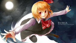 Rule 34 | 1girl, :d, black pantyhose, blonde hair, fang, female focus, full moon, hair ribbon, highres, moon, nishiuri, open mouth, outstretched arms, pantyhose, pointy ears, red eyes, ribbon, rumia, short hair, smile, solo, spread arms, touhou