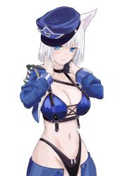 Rule 34 | 1girl, absurdres, animal ear fluff, animal ears, azur lane, baltimore (azur lane), baltimore (azur lane) (cosplay), baltimore (finish line flagbearer) (azur lane), bikini, black gloves, blue eyes, blue hat, blue jacket, breasts, chest harness, cleavage, closed mouth, collarbone, commentary request, cosplay, cowboy shot, cropped jacket, eyeshadow, fox ears, fox girl, gloves, hands on own neck, harness, hat, highleg, highleg bikini, highres, jacket, kaga (azur lane), large breasts, looking at viewer, makeup, micro shorts, navel, official alternate costume, osamup, peaked cap, race queen, red eyeshadow, short hair, shorts, single glove, solo, stomach, sweatdrop, swimsuit, tilted headwear, transparent background, white hair