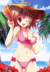 Rule 34 | 1girl, :d, ;d, absurdres, bare arms, bare shoulders, bikini, bow, breasts, brown hair, bug, butterfly, cleavage, cloud, collarbone, cowboy shot, day, fang, flower, groin, hair bow, hair ribbon, hat, hibiscus, highres, huge filesize, insect, large breasts, light rays, looking at viewer, mikeou, navel, ocean, one eye closed, open mouth, original, outdoors, palm tree, polka dot, polka dot bikini, polka dot swimsuit, red eyes, ribbon, sky, smile, solo, straw hat, sunbeam, sunlight, swimsuit, tree, two side up, water, wink