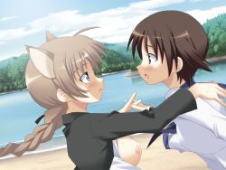 Rule 34 | 2girls, animal ears, blue eyes, blush, braid, braided ponytail, breasts, breasts out, brown eyes, brown hair, cat ears, cat tail, large breasts, long hair, looking at another, lynette bishop, miyafuji yoshika, multiple girls, nagase yutaka, nipples, no bra, outdoors, ponytail, saliva, saliva trail, short hair, small breasts, strike witches, tail, world witches series, yuri