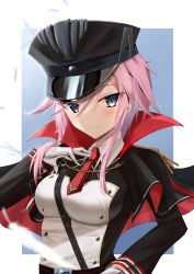Rule 34 | 1girl, azur lane, black capelet, black hat, black jacket, blue background, blue eyes, breasts, buttons, capelet, collared jacket, double-breasted, gloves, hat, highres, jacket, jiseki rena, long sleeves, medium breasts, medium hair, military, military hat, military uniform, multicolored clothes, multicolored jacket, necktie, peaked cap, pink hair, red capelet, red necktie, seydlitz (azur lane), short necktie, simple background, solo, two-tone background, two-tone capelet, two-tone jacket, uniform, upper body, white background, white gloves, white jacket