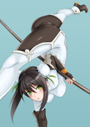 Rule 34 | 1girl, ass, black footwear, black hair, blue background, blush, bodysuit, breasts, bun cover, chinese clothes, double bun, fate/grand order, fate (series), fingerless gloves, flexible, gloves, green eyes, green ribbon, hair between eyes, hair bun, hair ribbon, handstand, haruhisky, highres, medium breasts, one arm handstand, open mouth, pantylines, polearm, qin liangyu (fate), ribbon, sidelocks, simple background, solo, split, spread legs, thighs, weapon, white bodysuit