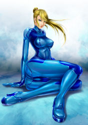 Rule 34 | 1girl, ass, bad anatomy, blonde hair, bodysuit, breasts, collarbone, covered erect nipples, gloves, green eyes, high heels, highres, large breasts, legs, long hair, long legs, lying, metroid, open mouth, ponytail, samus aran, shoes, skin tight, solo, thighs, worange, zero suit