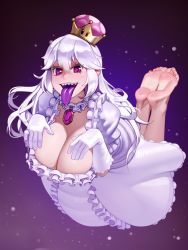 Rule 34 | 1girl, barefoot, breasts, cleavage, collar, commentary, crown, dress, feet, feet up, floating, frilled collar, frilled dress, frills, gloves, highres, kairunoburogu, large breasts, long hair, looking at viewer, low-cut, luigi&#039;s mansion, mario (series), mini crown, new super mario bros. u deluxe, nintendo, open mouth, pale skin, princess king boo, purple background, purple eyes, revision, sharp teeth, silver hair, smile, soles, solo, super crown, teeth, tilted headwear, toes, tongue, tongue out, white dress, white gloves