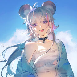 Rule 34 | 1girl, animal ears, black collar, blunt bangs, breasts, collar, collarbone, commentary request, day, grey hair, guoziqiqi, highres, lock, long hair, long sleeves, looking at viewer, mouse ears, mouse girl, off shoulder, open mouth, original, outdoors, padlock, padlocked collar, pink eyes, shirt, single bare shoulder, single off shoulder, small breasts, smile, solo, strapless, teeth, tube top, upper teeth only