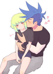 Rule 34 | 2boys, androgynous, artist name, black shirt, blue hair, blush, buzz cut, closed eyes, commentary request, expressionless, galo thymos, green hair, grey pants, heart, highres, hug, kiss, kissing cheek, kome 1022, lio fotia, looking down, male focus, multicolored eyes, multiple boys, orange eyes, pants, pink eyes, promare, shirt, short hair, short shorts, short sleeves, shorts, sidelocks, simple background, very short hair, white background, yaoi