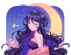 1girl bare_shoulders breasts closed_eyes commentary crescent dress earrings english_commentary from_side huge_moon jewelry kittensquitten long_hair moon original purple_dress purple_hair solo star_(sky) strapless strapless_dress tearing_up