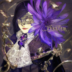 Rule 34 | 1boy, androgynous, brooch, ascot, flower, gem, half mask, heterochromia, jewelry, lace, lipstick, long hair, looking at viewer, makeup, male focus, mask, nishihara isao, pixiv fantasia, purple eyes, purple flower, purple hair, red lips, smile, solo, surreal, yellow eyes