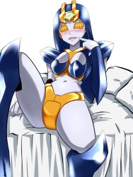 Rule 34 | android, bed, blush, fr (artist), presenting, long hair, navel, pillow, robot, spread legs, yellow eyes