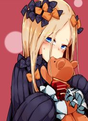 Rule 34 | 1girl, abigail williams (fate), black bow, black dress, blonde hair, blue eyes, blush, bow, box, commentary request, covered mouth, dress, fate/grand order, fate (series), forehead, gift, gift box, hair bow, highres, hourai kochou, long hair, long sleeves, looking at viewer, no headwear, hugging object, orange bow, parted bangs, polka dot, polka dot bow, sketch, sleeves past fingers, sleeves past wrists, solo, stuffed animal, stuffed toy, sweat, teddy bear, very long hair