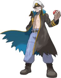 Rule 34 | 1boy, artist request, belt, black coat, black eyes, black footwear, blue pants, boots, closed mouth, coat, collarbone, creatures (company), drake (pokemon), elite four, facial hair, full body, game freak, hand in pocket, hand up, hat, high collar, holding, holding poke ball, legs apart, looking at viewer, male focus, mustache, navel, nintendo, official art, pants, peaked cap, poke ball, poke ball (basic), poke ball symbol, poke ball theme, pokemon, pokemon oras, simple background, solo, standing, stomach, torn clothes, torn coat, transparent background, trench coat, two-sided fabric, white hat