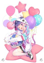Rule 34 | anchor symbol, animal ears, animal hood, balloon, baseball cap, blue hair, blue hat, braid, cat ears, cat hood, cat tail, cushion, fake animal ears, hair over shoulder, hat, highres, holding, holding balloon, hololive, hood, hood up, hooded jacket, jacket, kani biimu, long hair, long sleeves, looking at viewer, minato aqua, minato aqua (sailor), multicolored hair, neko (minato aqua), one eye closed, open mouth, pink hair, puffy long sleeves, puffy sleeves, purple eyes, shoes, simple background, sleeves past wrists, smile, sneakers, solo, streaked hair, tail, twin braids, two-tone hair, virtual youtuber, white background, white jacket, white legwear