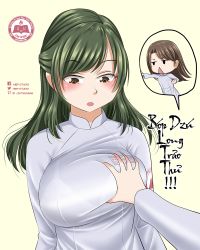 Rule 34 | 2girls, artist name, grabbing another&#039;s breast, breasts, brown eyes, clenched hand, flat chest, grabbing, green hair, hiep studio, highres, huge breasts, jitome, multiple girls, open mouth, original, pixiv id, school uniform, translation request, triangle mouth, vietnamese dress, vietnamese text