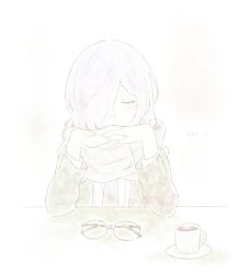Rule 34 | 1girl, artist request, blush, cerejeira elron, closed eyes, coffee, coffee cup, cup, disposable cup, fate/grand order, fate (series), long hair, purple lips, round eyewear, scarf, table, white background