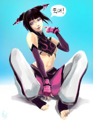 Rule 34 | 1girl, baggy pants, bang bez, bare shoulders, barefoot, black hair, blue background, bracelet, breasts, chinese clothes, detached sleeves, drill hair, dudou, fingerless gloves, full body, gloves, gradient background, halterneck, han juri, jewelry, korean text, leggings, licking lips, medium breasts, pants, pink leggings, purple eyes, sitting, solo, spiked bracelet, spikes, street fighter, street fighter iv (series), toeless legwear, toes, tongue, tongue out, twin drills, underboob