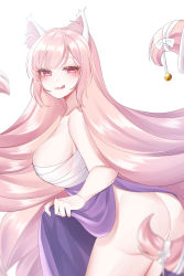 Rule 34 | 1girl, :p, absurdres, animal ear fluff, animal ears, ass, bell, blush, breasts, from behind, hakubi (hctc4587), highres, last origin, long hair, looking at viewer, looking back, miho (last origin), pink eyes, pink hair, simple background, smile, solo, tongue, tongue out, very long hair, white background