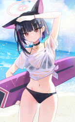 Rule 34 | 1girl, animal ears, beach, bell, bikini, bikini under clothes, black bikini, blue archive, cat choker, cat ears, colored inner animal ears, colored inner hair, cowboy shot, extra ears, female focus, halo, highres, holding, holding surfboard, kazusa (blue archive), looking at viewer, midriff, multicolored hair, neck bell, pink eyes, pink halo, see-through, see-through shirt, shadowsinking, solo, surfboard, swimsuit, swimsuit under clothes, wet