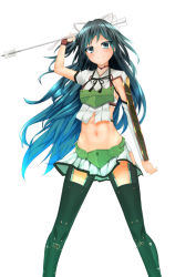 Rule 34 | 10s, 1girl, arrow (projectile), asymmetric gloves, asymmetrical gloves, black hair, black thighhighs, blue eyes, colored eyelashes, elbow gloves, fingerless gloves, full body, gloves, hair ribbon, kantai collection, katsuragi (kancolle), long hair, looking at viewer, midriff, nagawasa haruto, ponytail, remodel (kantai collection), ribbon, shikigami, simple background, smile, solo, thighhighs, uneven gloves, zettai ryouiki