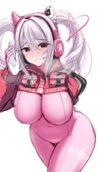 Rule 34 | 1girl, absurdres, alice (nikke), alternate breast size, animal ear headphones, animal ears, blush, bodysuit, breasts, closed mouth, covered navel, cropped jacket, fake animal ears, gloves, goddess of victory: nikke, grey hair, hair between eyes, headphones, headset, heart, highres, impossible bodysuit, impossible clothes, jacket, kurono suzuran, large breasts, latex, latex bodysuit, leaning forward, long hair, looking at viewer, pink bodysuit, pink eyes, pink gloves, red jacket, shoes, sidelocks, simple background, skin tight, sneakers, solo, twintails, two-tone gloves, white background, white gloves