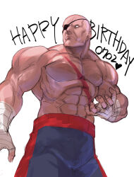 Rule 34 | 1boy, abs, bald, blank eyes, eyepatch, feet out of frame, fingerless gloves, gloves, happy birthday, highres, large pectorals, looking ahead, male focus, muscular, muscular male, no eyebrows, no nipples, pectorals, sagat, solo, standing, street fighter, strongman waist, tetsu (kimuchi), topless male