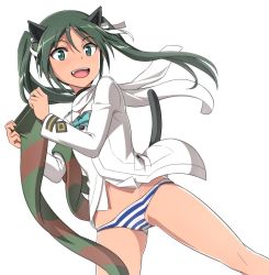 Rule 34 | 1girl, animal ears, blue bow, blue bowtie, blush, bow, bowtie, cat ears, cat tail, fang, francesca lucchini, green eyes, green hair, groin, hair ornament, hair ribbon, looking at viewer, military, military uniform, monochrome background, nanashino, navel, open mouth, panties, ribbon, shiny skin, simple background, smile, solo, strike witches, striped clothes, striped panties, tail, teeth, thighhighs, twintails, underwear, uniform, white background, world witches series