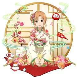 Rule 34 | 1girl, :d, asuna (sao), blush, braid, brown eyes, brown hair, crown braid, floral print, flower, full body, gradient kimono, hagoita, hair between eyes, hair flower, hair ornament, highres, japanese clothes, kimono, kneeling, kouhaku nawa, long sleeves, looking at viewer, mouse (animal), official art, one side up, open mouth, paddle, pink flower, plant, print kimono, rope, shimenawa, short hair with long locks, sidelocks, smile, solo, spinning top, sword art online, transparent background, wide sleeves