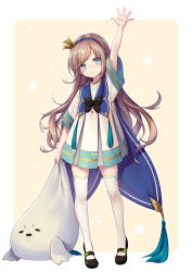 Rule 34 | 1girl, :o, arm up, black bow, black footwear, blue eyes, blue hairband, blush, bow, brown hair, character request, crown, dress, full body, hairband, long hair, mary janes, mini crown, ne-on, original, pleated dress, shoes, short dress, solo, standing, stuffed seal, stuffed toy, thighhighs, very long hair, virtual youtuber, white thighhighs, zettai ryouiki