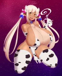 Rule 34 | 1girl, absurdres, animal ears, animal print, bare shoulders, blonde hair, bottle, breasts, choker, cleavage, collarbone, cow print, cow print gloves, cow print thighhighs, dark-skinned female, dark skin, elbow gloves, full body, gloves, hair ornament, highres, holocouncil, hololive, hololive english, horns, huge breasts, jcdr, kneeling, leotard, long hair, looking at viewer, milk, milk bottle, open mouth, print gloves, print thighhighs, see-through, sideboob, sidelocks, smile, solo, teeth, thick thighs, thighhighs, thighs, tongue, tsukumo sana, twintails, upper teeth only, virtual youtuber, yellow eyes