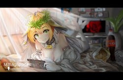 Rule 34 | 3boys, 3girls, absurdres, bad id, bad pixiv id, blonde hair, bridal veil, chain, chips (food), edmond dantes (fate), english text, fate/grand order, fate (series), food, fujimaru ritsuka (female), fujimaru ritsuka (male), game, german text, green eyes, hair intakes, head wreath, highres, jeanne d&#039;arc (fate), jeanne d&#039;arc alter (avenger) (fate), jeanne d&#039;arc alter (fate), lock, looking at viewer, lying, monitor, multiple boys, multiple girls, nero claudius (bride) (fate), nero claudius (bride) (third ascension) (fate), nero claudius (fate), nero claudius (fate) (all), padlock, fake phone screenshot, potato chips, shuming, smile, soda bottle, thighhighs, thighs, translated, veil, waver velvet, white legwear