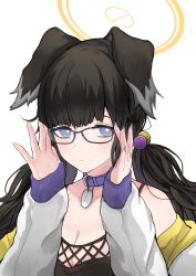 Rule 34 | 1girl, absurdres, animal ears, bespectacled, black hair, blue archive, blue eyes, blue nails, blush, breasts, cleavage, closed mouth, collarbone, dog ears, fingernails, glasses, halo, hibiki (blue archive), highres, long hair, long sleeves, medium breasts, mitsumoto amata, nail polish, purple-framed eyewear, simple background, solo, upper body, white background, yellow halo, yellow nails