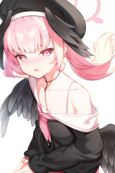 Rule 34 | 1girl, absurdres, beret, black hat, black shirt, black wings, blue archive, blush, commentary request, feathered wings, halo, hat, head wings, highres, koharu (blue archive), long hair, long sleeves, looking at viewer, neckerchief, nose blush, off shoulder, own hands together, parted lips, pink eyes, pink hair, pink neckerchief, sailor collar, shirt, simple background, sleeves past wrists, solo, sugar (dndi888), sweat, twintails, white background, white sailor collar, wings
