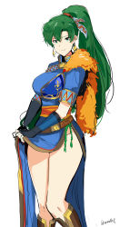 Rule 34 | 1girl, absurdres, armor, black dress, blue dress, blush, boots, breastplate, breasts, brown footwear, collar, dress, elbow gloves, feet out of frame, fire emblem, fire emblem: the blazing blade, fire emblem heroes, gloves, green eyes, green hair, groin, high ponytail, highres, jewelry, knee boots, large breasts, long hair, looking at viewer, lyn (fire emblem), nintendo, ormille, pelvic curtain, ponytail, sasg, sash, short sleeves, simple background, skirt hold, smile, solo, thighs, twitter username, very long hair, weapon, white background
