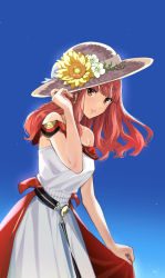 Rule 34 | 1girl, bare shoulders, blue background, blunt bangs, breasts, buckle, celica (fire emblem), collarbone, cowboy shot, day, dress, earrings, eyelashes, fire emblem, fire emblem echoes: shadows of valentia, flower, hand on headwear, hat, hat flower, hat ornament, highres, jewelry, lipstick, long hair, makeup, medium breasts, misu kasumi, nail polish, night, night sky, nintendo, off-shoulder dress, off shoulder, parted lips, pink nails, red eyes, red hair, red sash, ribbon, sash, shadow, signature, simple background, sky, smile, solo, star (sky), straw hat, sun hat, sunflower, white dress, white flower, white ribbon