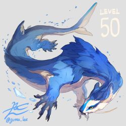 Rule 34 | animal ears, animal focus, blue fur, claws, fangs, fangs out, fins, fish tail, full body, grey background, highres, monster, no humans, original, simple background, solo, tail, water drop, yamamura le, yellow eyes